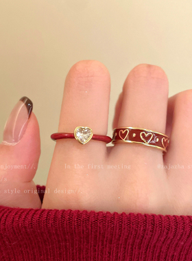 安可拉红色爱心锆石开口戒指女