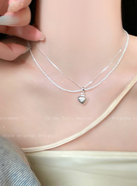 双层拉丝爱心吊坠项链女款夏天2025新款锁骨链小众轻奢高级感配饰