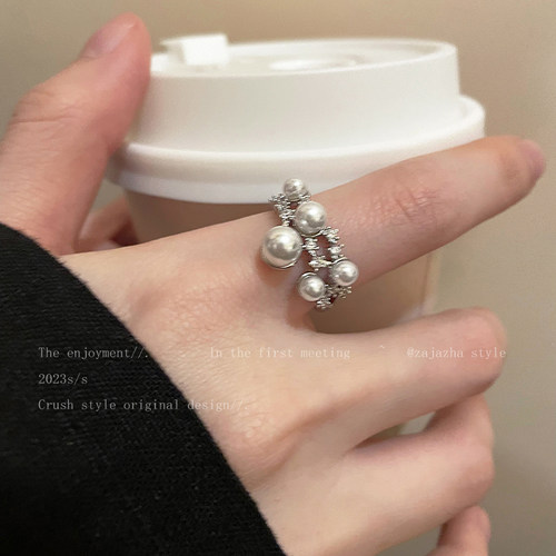 流星珍珠锆石开口戒指女款个性叠戴食指戒小众设计轻奢高级感指环 - 图1