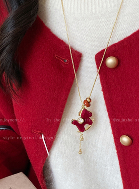 红色丝绒小马项链新年本命年秋冬