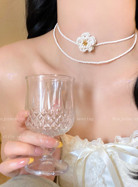 白雾山茶~法式山茶花串珠项链女精致高级感耳环小众气质双层配饰