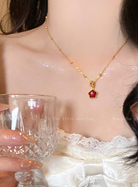 简约红色小花项链女2025新款
