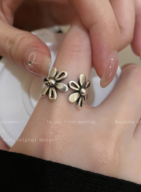 复古花朵开口戒指女款轻奢高级感中古食指戒2025新款小众设计指环