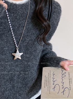 银色kt蝴蝶结星星珍珠项链女