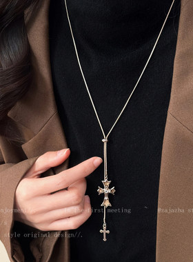 复古银色十字架项链女秋冬