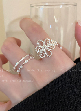 银色花朵锆石开口戒指女生2025新款小众设计食指戒轻奢高级感指环