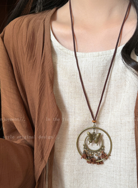 异域民族风蝴蝶花朵流苏项链女新中式复古波西米亚长款度假风配饰