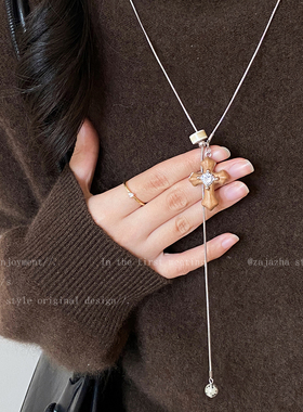 木质十字架抽拉项链女轻奢高级