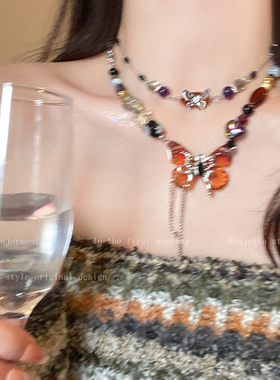 美拉德蝴蝶双层项链女轻奢高级感小众锁骨链叠戴气质精致网红配饰