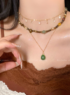 复古绿石多层叠戴项链女