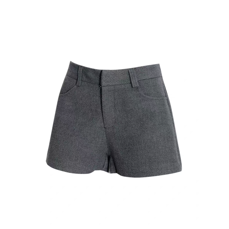 韩系简约百搭高腰阔腿休闲裤女秋冬气质显瘦灰色毛呢短裤直筒靴裤 - 图3