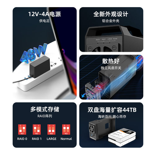 麦沃硬盘阵列盒3.5寸机械双盘位RAID外接盒usb3.0接口读取器柜子 - 图3