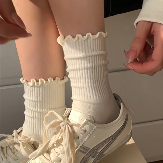 奶白色中筒袜子女春夏百搭纯色堆堆袜长袜韩版波点木耳边月子袜女