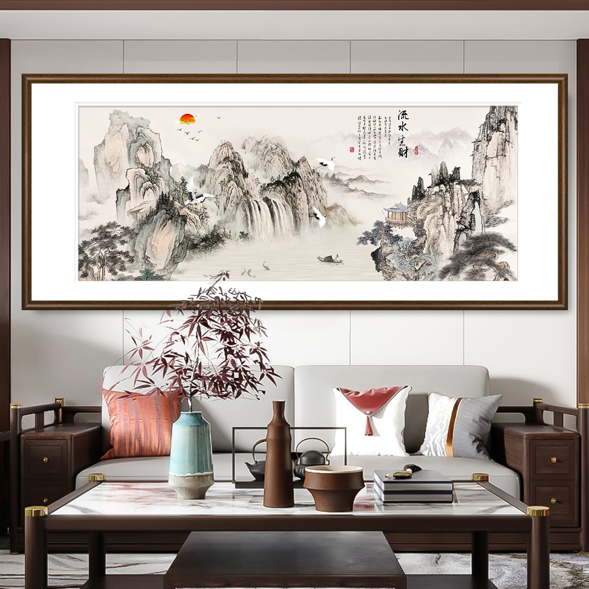 流水生财山水画客厅茶室茶台装饰画老板办公室沙发中式挂画靠山图-图1