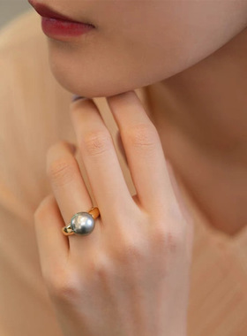 灰珍珠开口戒指女指环优雅气质