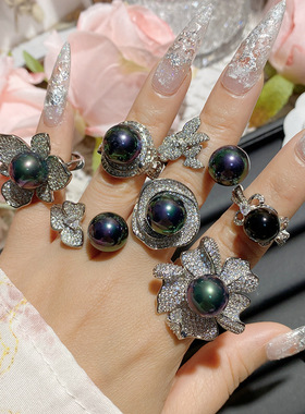 复古花朵黑珍珠戒指贝珠活口指环