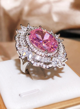 粉色锆石满钻戒指开口指环女ins