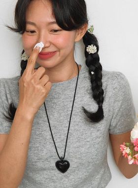 fever同款皮质黑色爱心麻绳项链