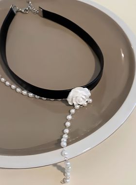 玫瑰花珍珠choker黑色项圈锁骨链
