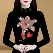 Undershirt woman slim fit fashion hot and drilled semi-high collar Long sleeves Big code Belly Fashion Minus age foreign air blouses