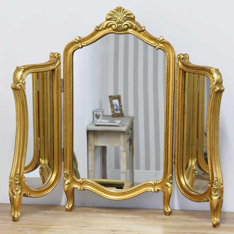 高端梳妆台镜子装饰镜法式桌面镜挂三折壁式面卧t室欧三折叠化奢