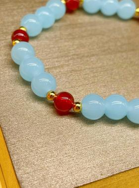 简约玻璃手串女小众设计海蓝色