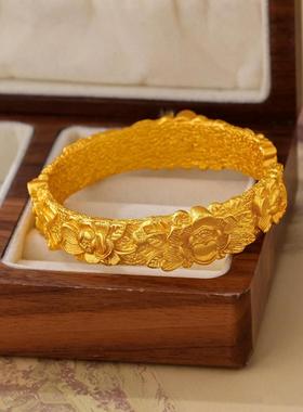 錾刻富贵牡丹花手镯女新中式古法