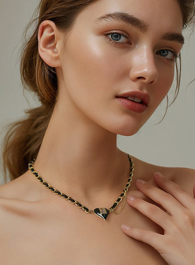 一撇一捺YPYN复古邂逅项链女黑金撞色拼接甜酷风爱心吊坠原创设计