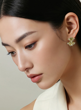 一撇一捺YPYN金影叠秋耳饰银杏叶耳钉女黄色人造水晶耳环超闪气质