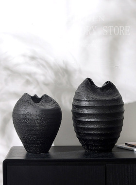 现代中古陶瓷花瓶磨砂黑色茶室插花装饰品样板房客厅桌面创意摆件