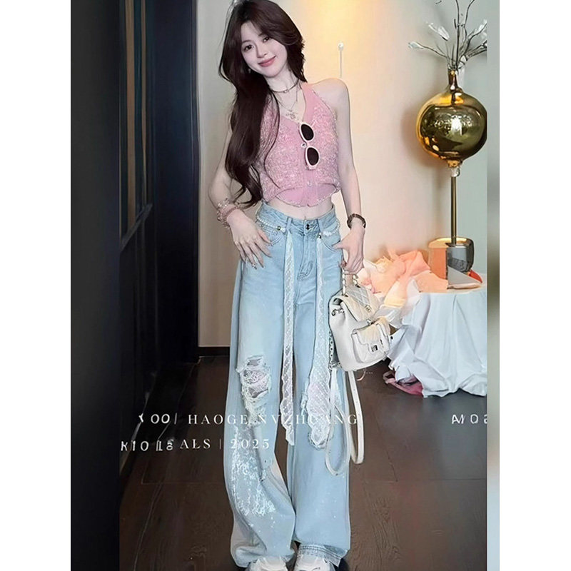 浅色破洞蕾丝阔腿牛仔裤女2025年夏季新款设计感宽松显瘦直筒裤子,淘宝优惠券,粉丝福利购,淘宝优惠卷