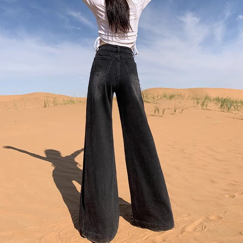 黑灰色不贴腿微喇牛仔裤女2025新款夏季高腰阔腿宽松弹力拖地裤子,淘宝优惠券,粉丝福利购,淘宝优惠卷