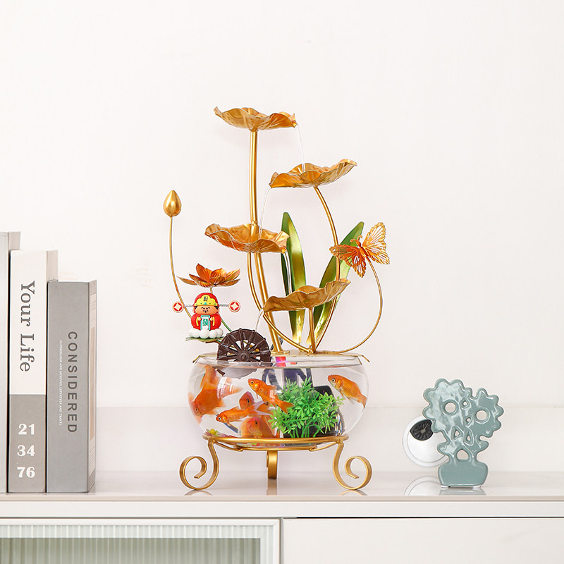 创意现代风简约轻奢铁艺荷叶循环流水办公客厅家用玻璃缸桌面摆件,淘宝优惠券,粉丝福利购,淘宝优惠卷