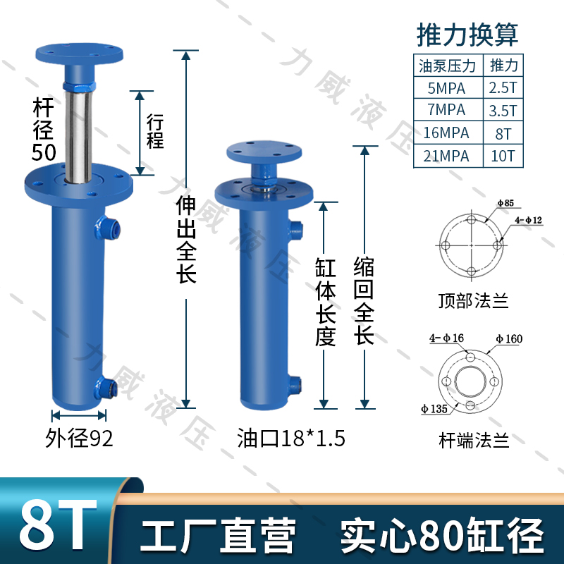 双向液压油缸8T吨前法兰单向手动微型电动升降一体总成液压缸系统