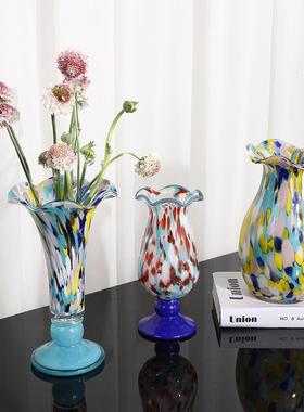 新款撞色设计彩色波点北欧高级艺术手工吹制玻璃花瓶花器家居装饰