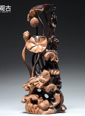 黑檀木雕刻年年有鱼根雕荷花摆件家居根雕装饰工艺品新婚乔迁送礼
