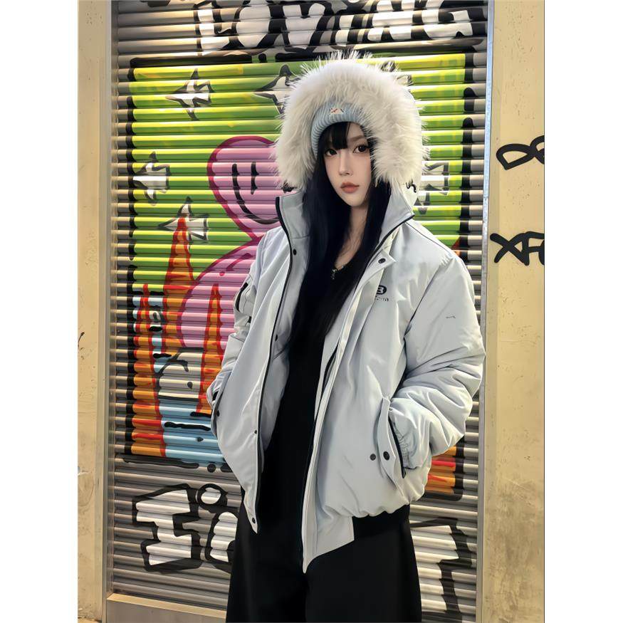 2025冬季新款毛领派克棉服女短款国潮白色棉袄加厚巨好看情侣棉衣,淘宝优惠券,粉丝福利购,淘宝优惠卷