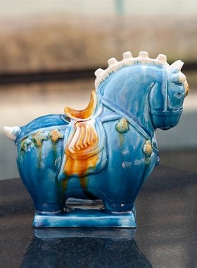 龙门奇妙物洛阳唐三彩r陶瓷小萌马动物创意兵马俑小胖马文创摆件