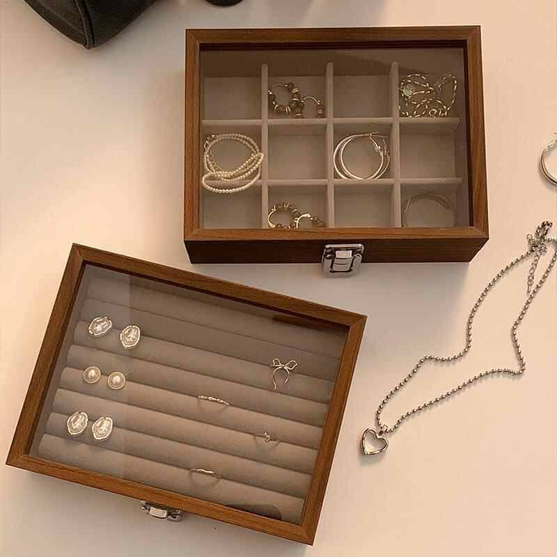Wooden glass lid jewelry box ring earring storage box jewelry packaging box jewelry organization box
