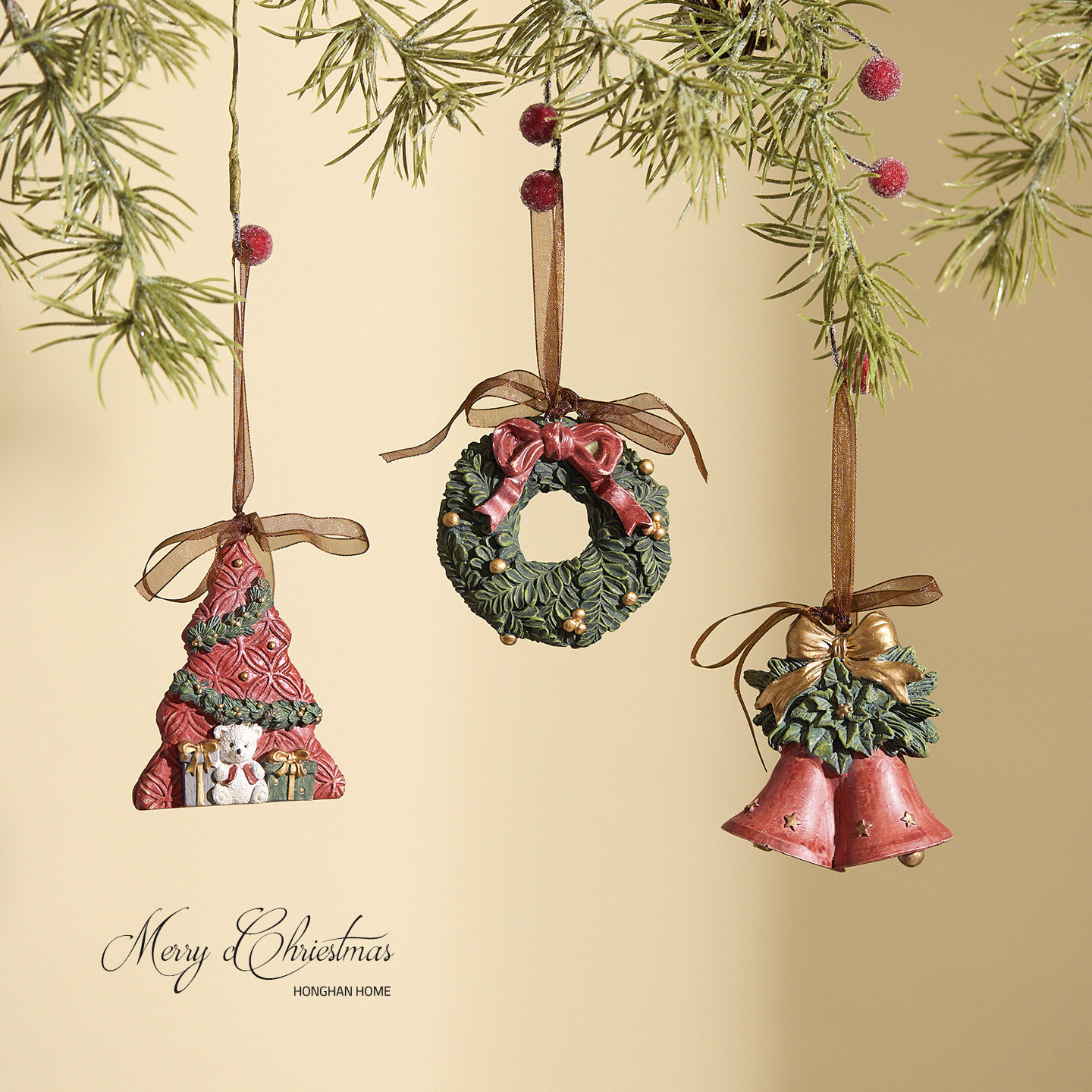 泓瀚出口欧美圣诞装饰品复古立体圣诞树挂件礼品铃铛树脂吊饰挂饰,淘宝优惠券,粉丝福利购,淘宝优惠卷
