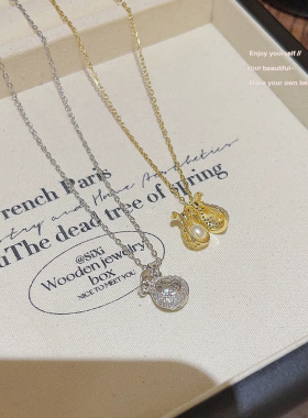 国潮吉祥好运钱袋珍珠项链女小众设计感福袋吊坠高级感钛钢锁骨链