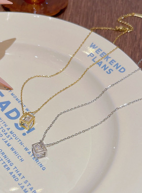 韩国时尚镂空爱情魔方项链女水晶吊坠森系百搭小众锁骨链义乌配饰