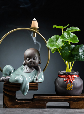 新中式茶宠小和尚倒流香禅意摆件