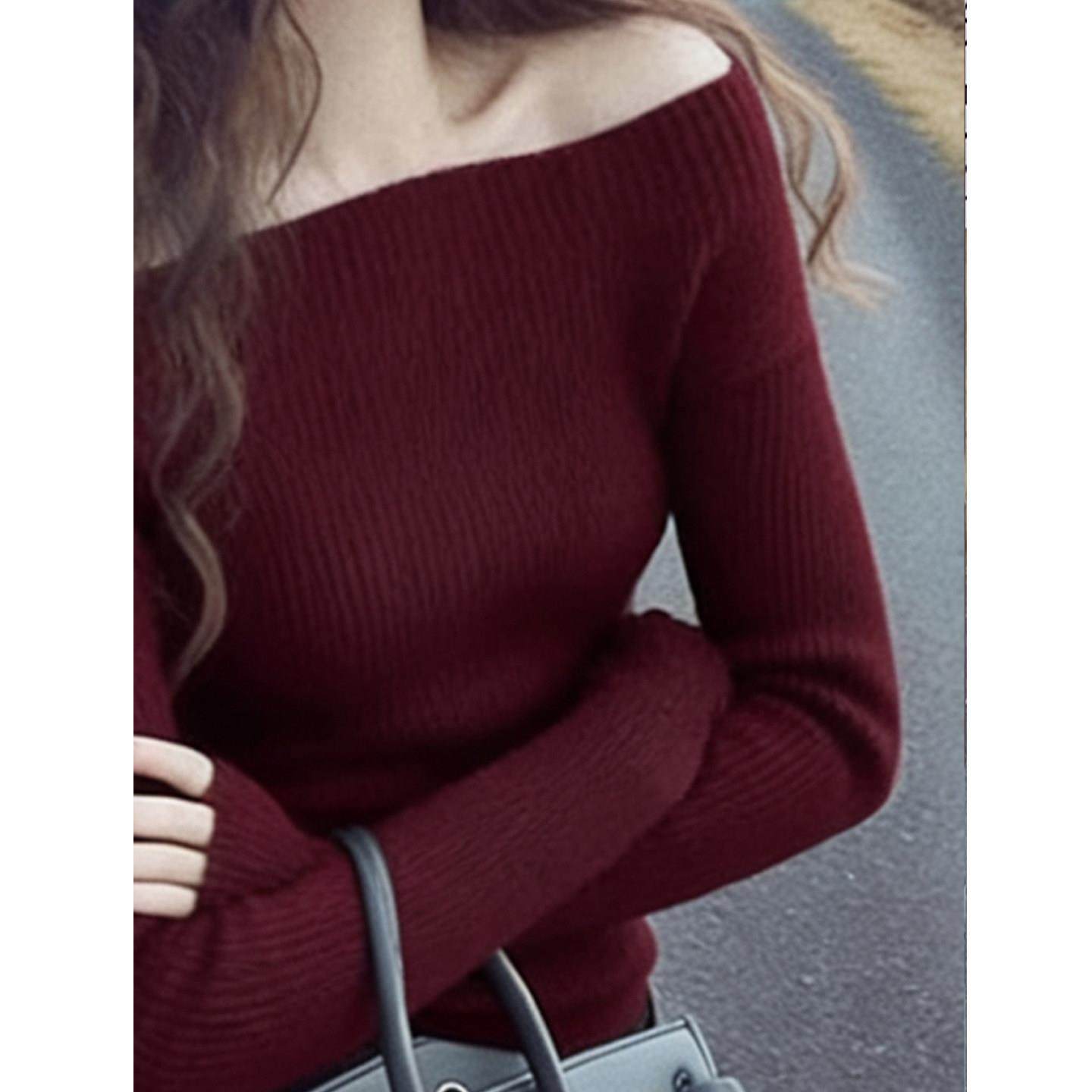 复古优雅chic安格拉红一字领露肩长袖针织衫女秋冬款减龄百搭上衣,淘宝优惠券,粉丝福利购,淘宝优惠卷