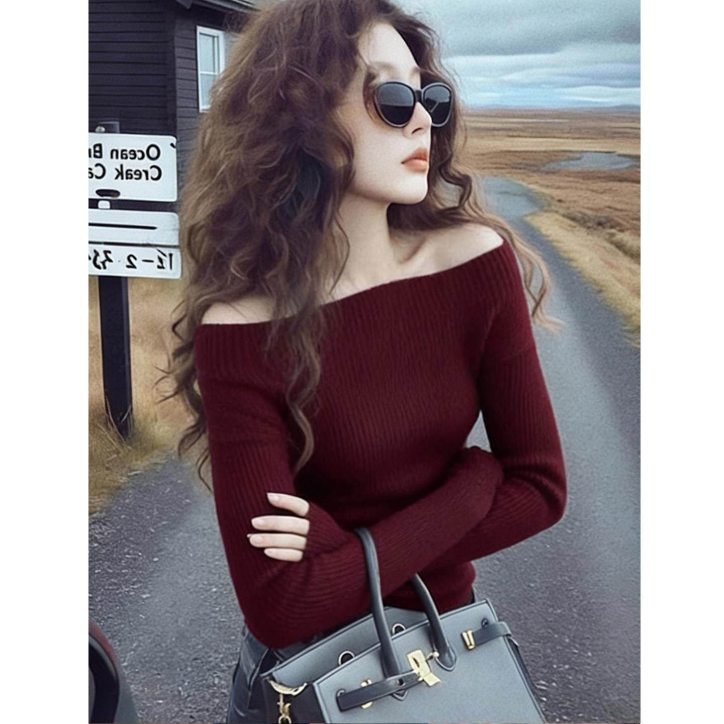 复古优雅chic安格拉红一字领露肩长袖针织衫女秋冬款减龄百搭上衣,淘宝优惠券,粉丝福利购,淘宝优惠卷