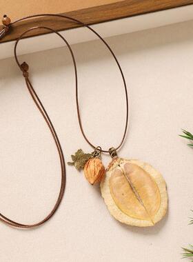 2026复古文艺天然植物果实项链森系简约编织长款干果毛衣链女橡果