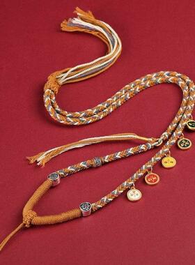 2026藏式手搓棉绳五路财神项链绳天珠手绘唐卡五路财神编制吊坠绳