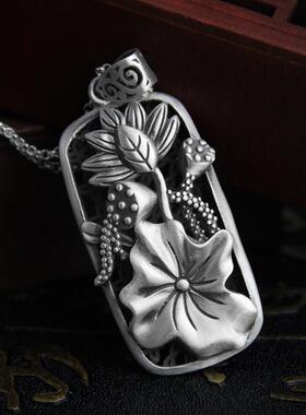 2025新款民族风镂空莲花泰银仿古复古风格女士毛衣链吊坠轻奢手工