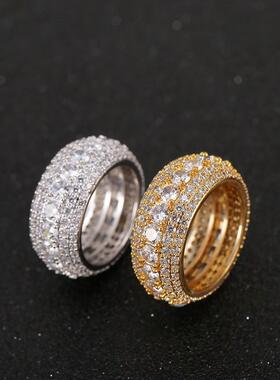 2025欧美嘻哈戒指 爆款五排满锆男士戒指 速卖通爆款圆环戒指