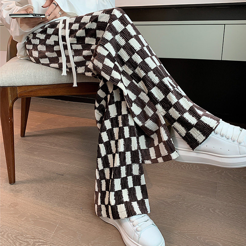 棋盘格阔腿裤夏季2022新款休闲裤子 莉诗琳休闲裤